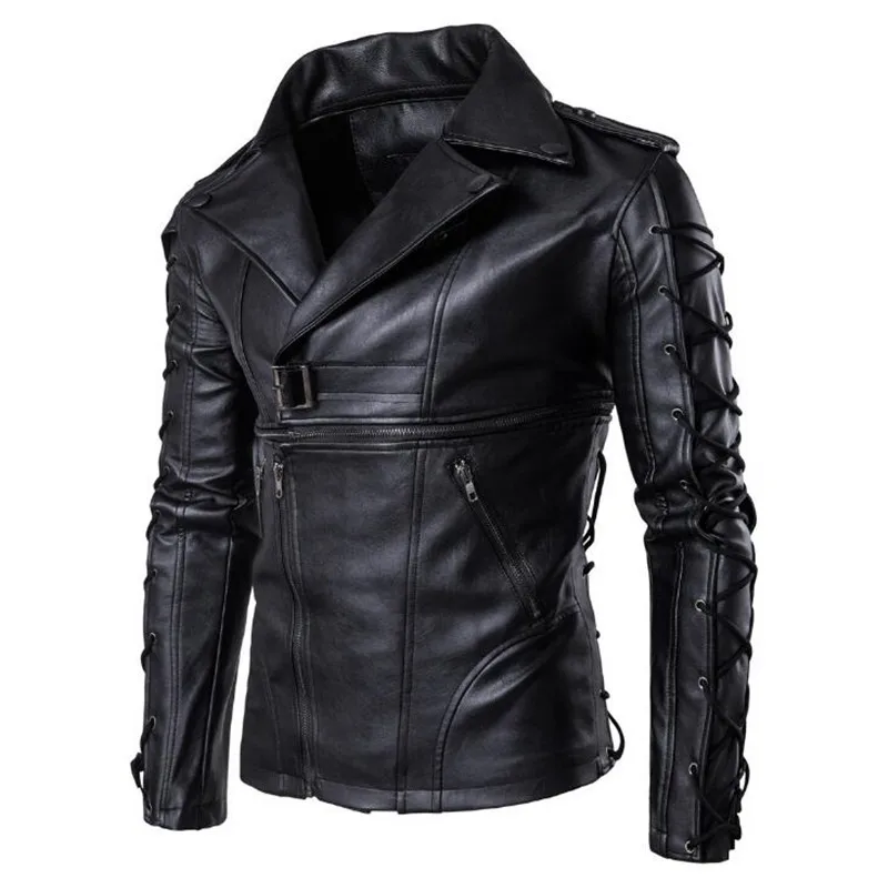 Мужская кожаная куртка на молнии черная мотоциклетная в стиле панк из плетеной