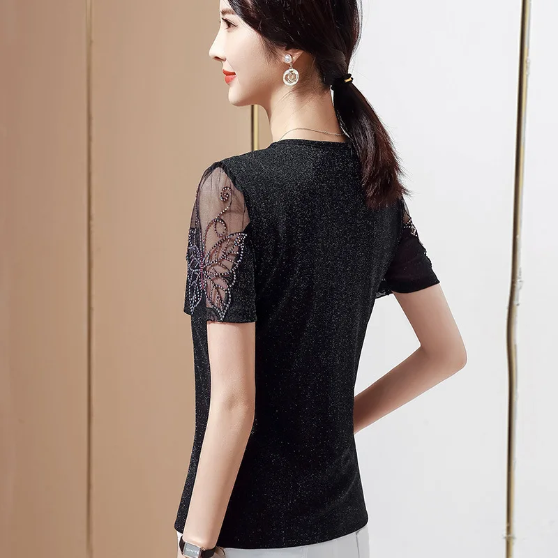 

New 2021 Summer Short Sleeve Mesh T-Shirt Fashion Casual Hot drilling Black Tops shirt Plus Size M-4XL Camisetas De Mujer