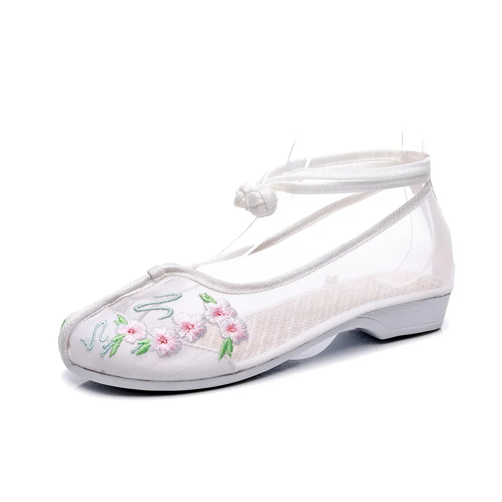 

Балетки Hanfu женские с ремешком на щиколотке, мягкая газовая винтажная повседневная обувь, легкие дышащие туфли на плоской подошве, летние