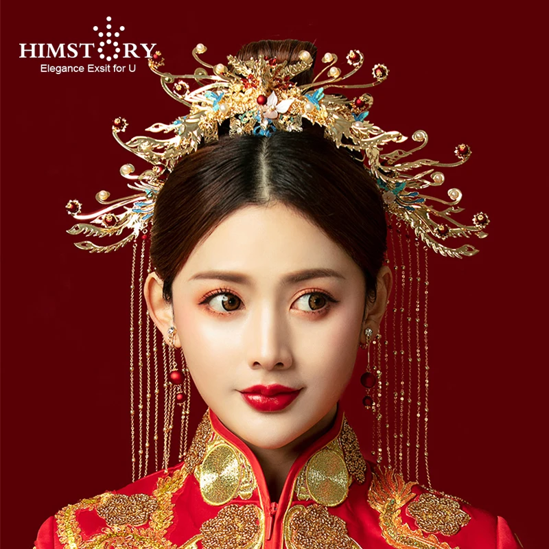 HIMSTORY китайский головной убор невесты Классический Феникс волос Корона шаг качалка костюм свадебные аксессуары для волос