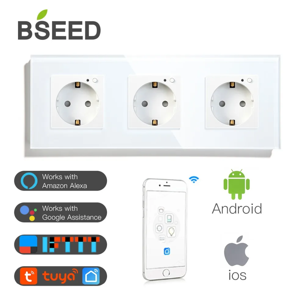 BSEED Wi-Fi розетка тройная ЕС Стандартный розетки 16A 110 V-250 V белого и черного цвета с золотыми с украшением в виде кристаллов Стекло Панель для умного дома