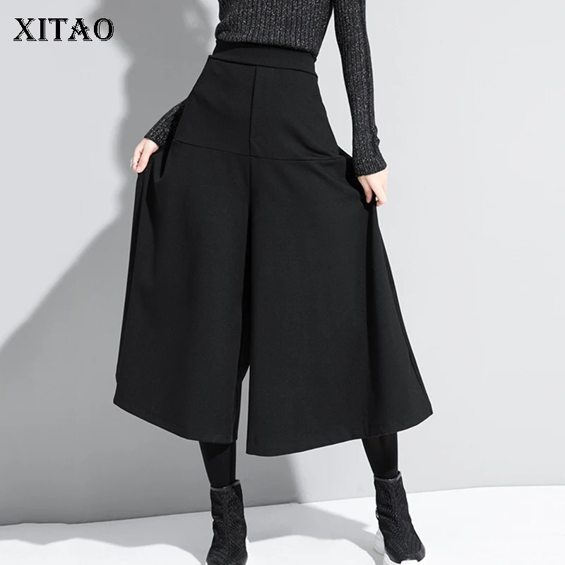 

XITAO Black Wide Leg Pants Women Loose Fashion Simple Casual All Match Elastic Waist 2020 New Autumn Pants Goddess Fan ZP3535