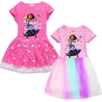 2021 toddler cosplay encantoing princess dress kids baby girl summer rainbow dress short sleeve solid party casual dress clothes