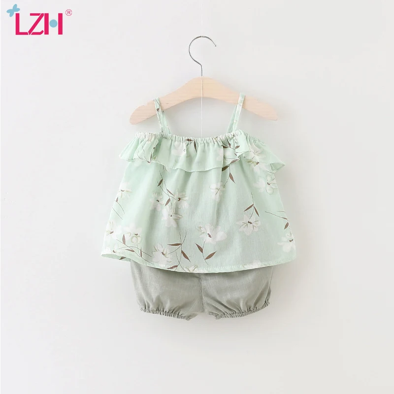 

LZH 2021 new Summer Floral sling+shorts two-piece suits for kids sleeveless Children suit Sling Newborn baby girls clothes set