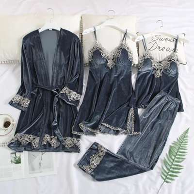 grey blue set Fiklyc нижнее белье зимние бархатные четыре штуки женские сексуальные женские пижамы с длинными рукавами наборы мягкий Бюст пижамы элегантный стиль - Цвет: grey blue set