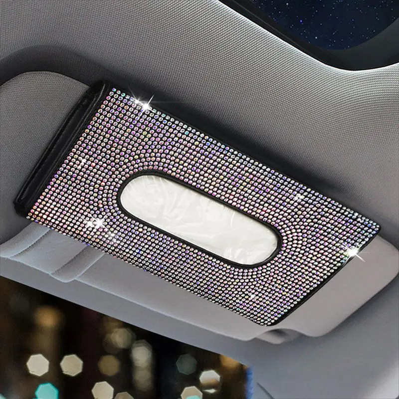 

Car Sun Visor Tissue Box Leather Diamond-studded Tissue Box Luxury Crystal Car Tissue Box Car Decoration 12*22.5*3cm 9 Colors