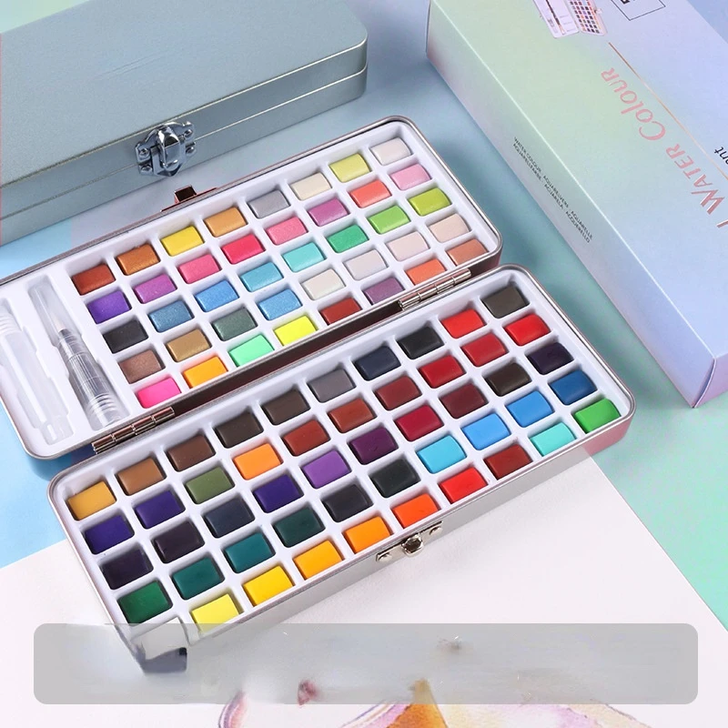 Caja de hojalata de nuevo estilo, conjunto de pintura de acuarela de Color s&oacute;lido perlado, 100 colores-0