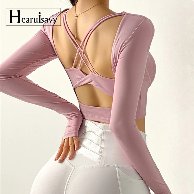 

Sexy Back Cross Hollow Out Tight Sport Tops Women Close-Fitting Yoga Shirts Long Sleeve Workout Fitness Crop Top With Chest Pad