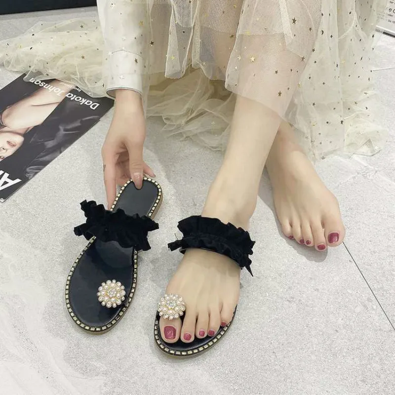 

2021 Women Slipper Pineapple Pearl Flat Toe Bohemian Casual Shoes Beach Sandals Ladies Shoes Platform Sandalias De Mujer