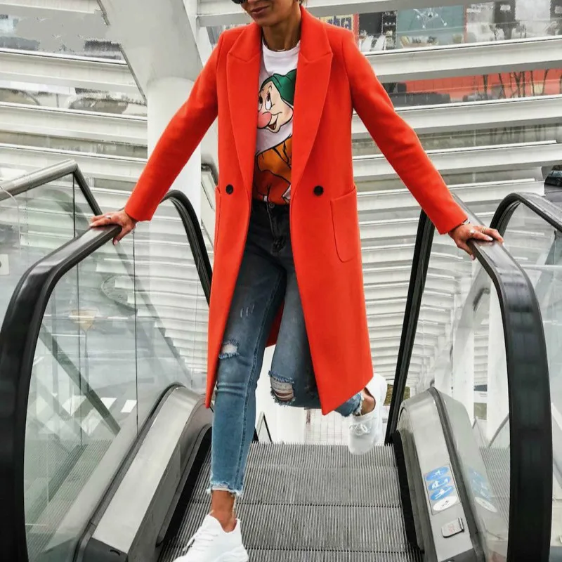 Женское шерстяное пальто средней длины повседневное однотонное на пуговицах с