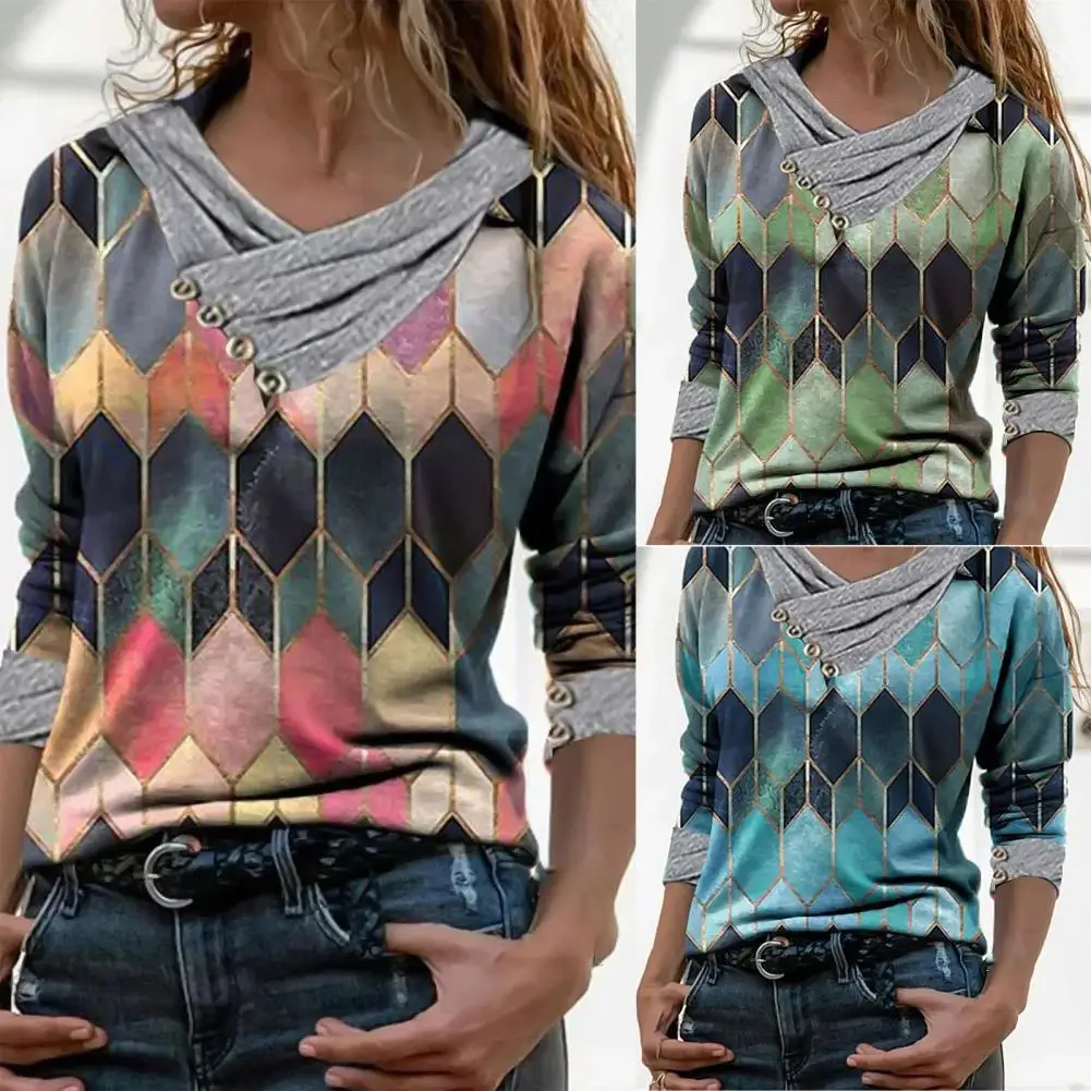 

Geometric Shirt Printed V-Neck Blouse Long Sleeve Pullover for Women
