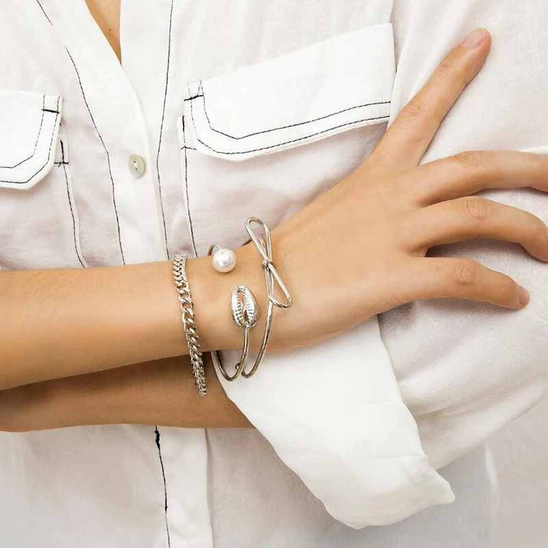 

Amaiyllis Simple 3/pc set Alloy Geometric Bow-knot Seasnail Charms Bangle Bracelet For Women Party Metal Open Cuff Bangles Gift