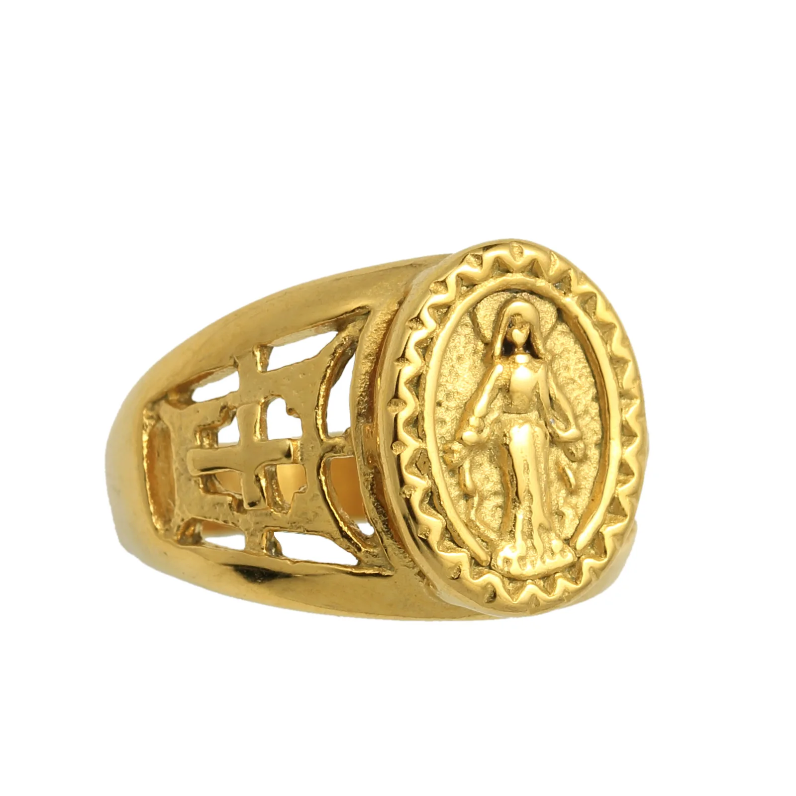 

Personality Stainless Steel Maria Ring Hollow Cross Carved Anniversary Ring for Men Women Religious Jewelry Hip Hop Rings
