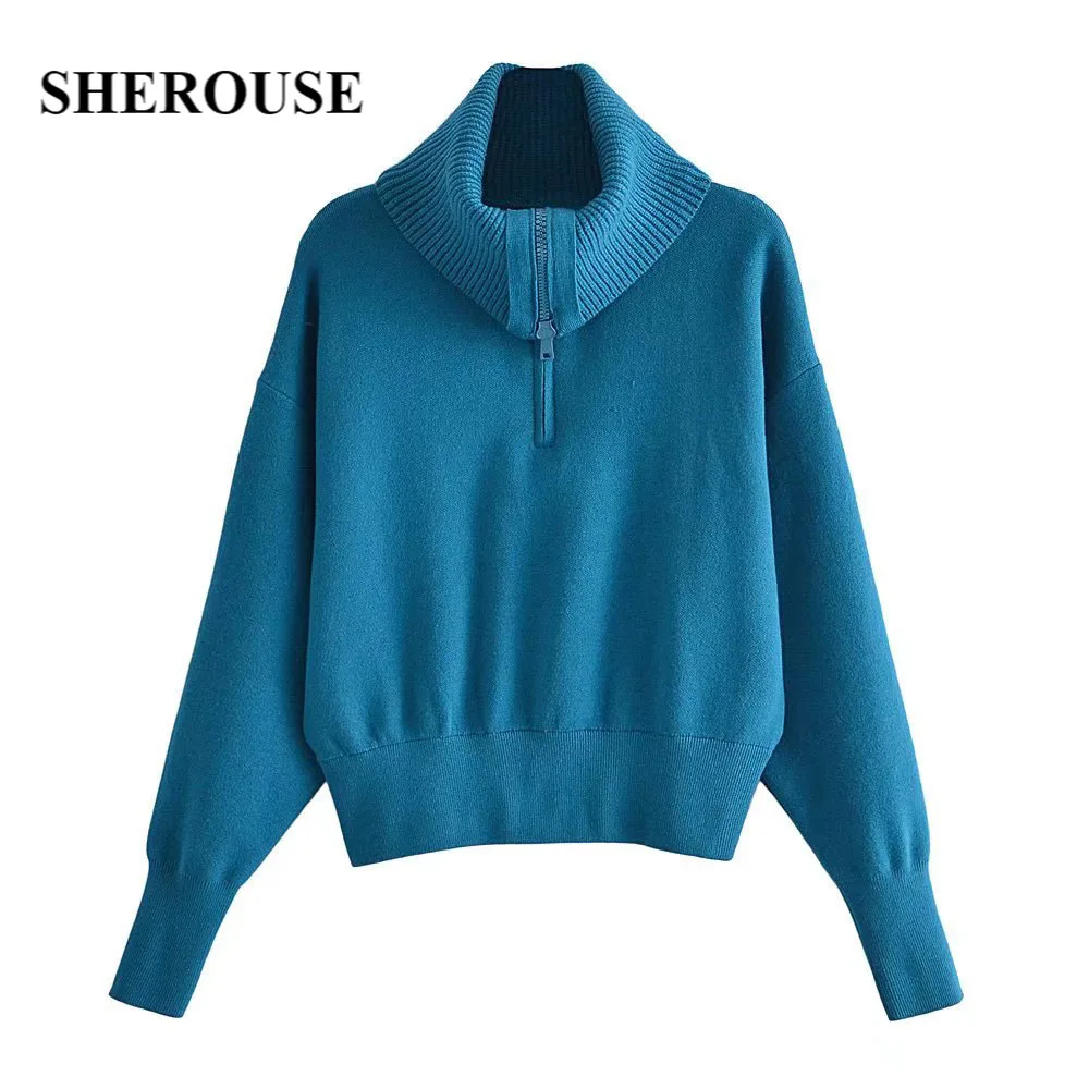 

Sherouse Women Fashion Knit Sweater Long sleeves High Collar with Zipper Knitwear Casual Knitted sweaters Pullover Woman Tops