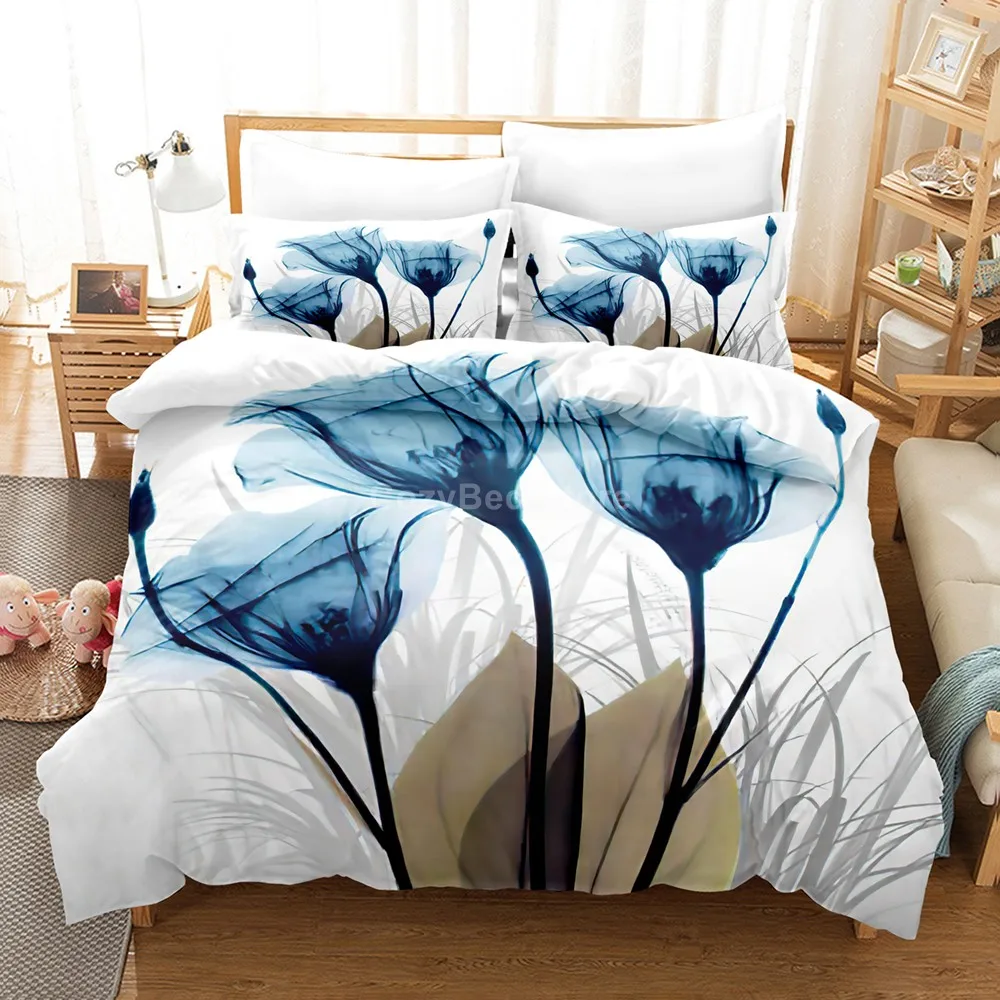 Комплект постельного белья с голубыми цветами элегантный комплект 3d