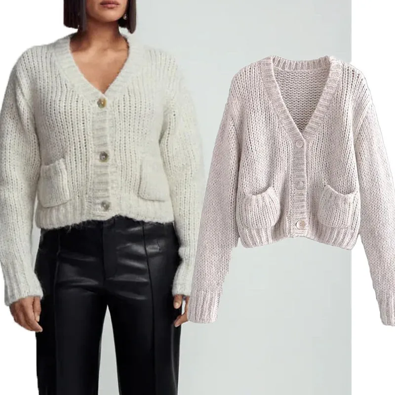 

Женский укороченный вязаный кардиган Za, зимний теплый свитер с длинным рукавом и V-образным вырезом, кардиганы на пуговицах, шикарное женско...