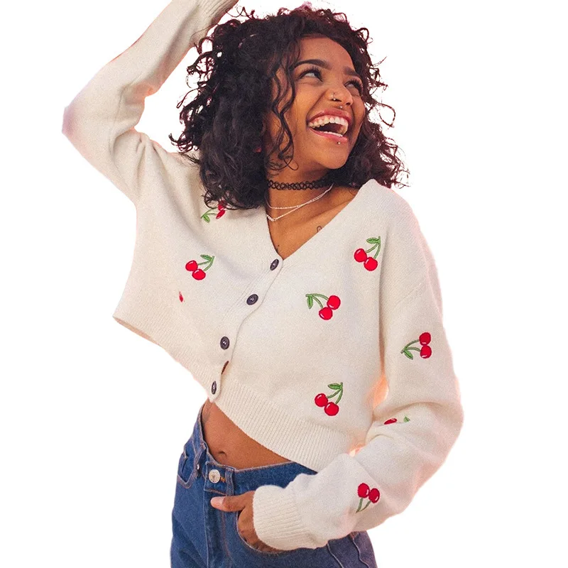 

Casual V-neck short knit sweater women autumn cherry embroidery cardigan street single-breasted cropped short ladies sweater