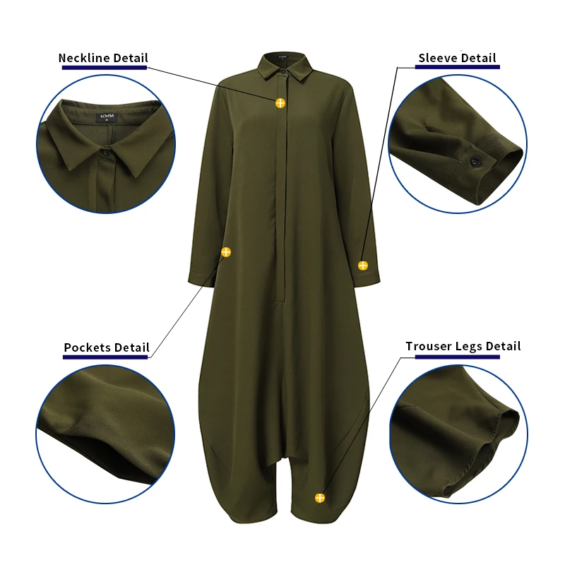 

Women Autumn Long Sleeve Rompers VONDA Casual Solid Turn Down Collar Office Overalls Loose Drop Crotch Jumpsuits Femme 5XL