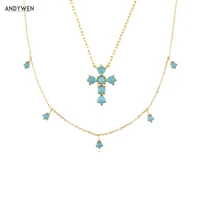 andywen 925 sterling silver gold turquoise zircon charm cross choker necklace long chain luxury jewelry for 2021 wedding gift