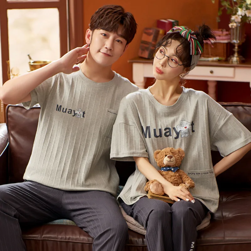 

Cute Lovers Nightwear Suit Men & Women Cartoon Letter Print Pajamas Set Cotton Plus Size Short Sleeve Summer Couple Sleepwear