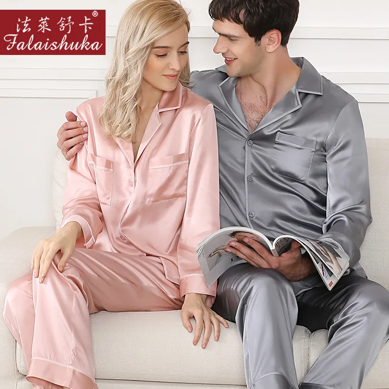 

19 momme Quality 100% genuine silk Couples sleepwear women pajamas sets Lovers long sleeve women pyjamas men sleepwear T9056QL