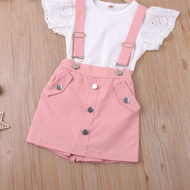Girls Summer Clothing Set Casual Flying Sleeve Tops+Overall 2Pcs Outfits Sweet Girls Birthday Party Clothes For 2 3 4 5 6 Years