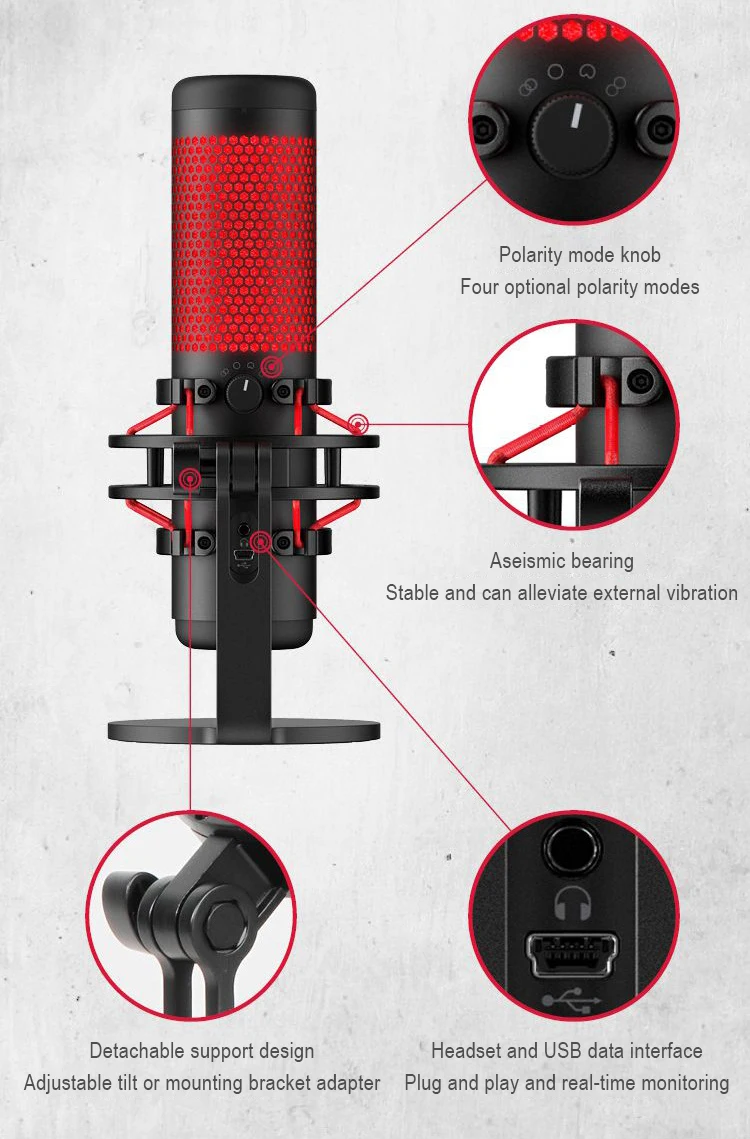 Профессиональный электронный игровой микрофон Kingston HyperX QuadCast спортивный Красный