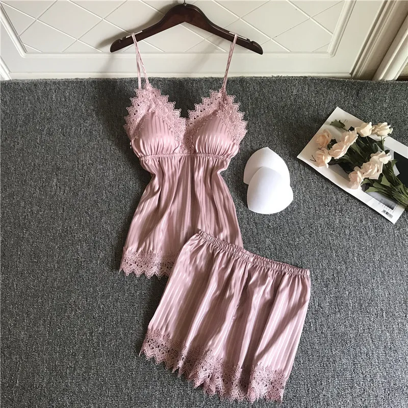 

21 Spring and summer sling embroidered two-piece set of pajamas women feel with chest pad set home clothing thin 2pcs pajama set