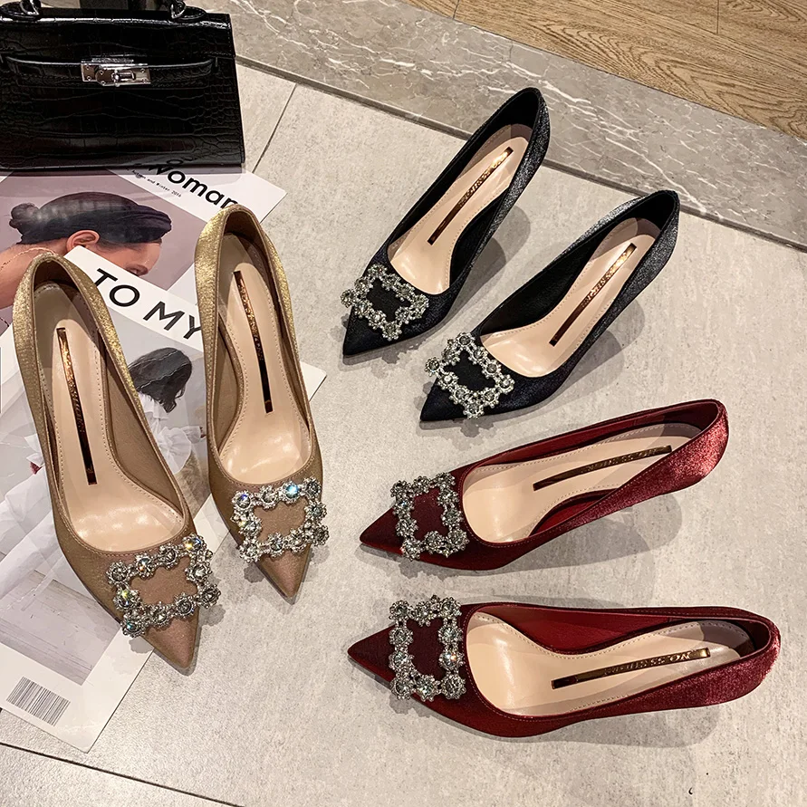 2021 Fashion Sexy Heels Pumps Pointed Head Crystal Luxury Wedding Shoes Women Woman | Обувь