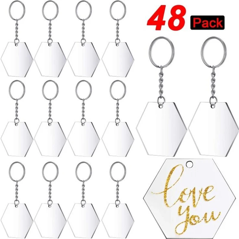 Transparent Acrylic Disc and Key Chain Transparent Acrylic Key Chain Blank for DIY Items and Crafts, (Hexagon,48 Pieces)