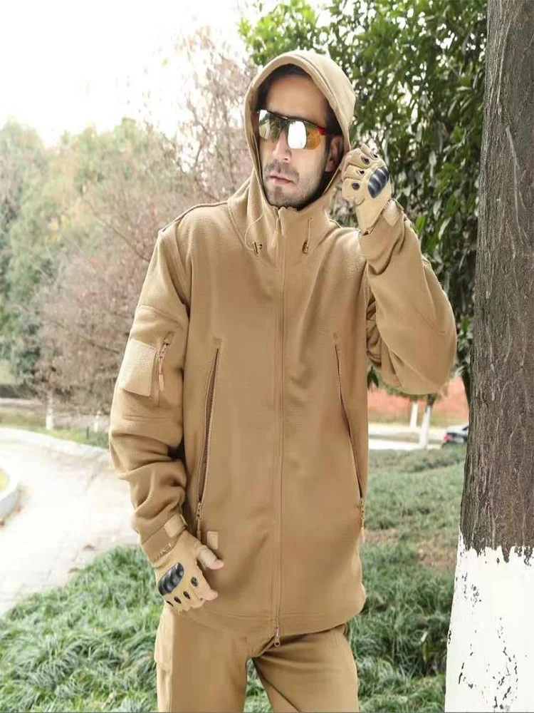 

2021 New Outdoor Hooded Sports Jacket Warm Lining Lining Fleece Cold And Windproof Men's Mountaineering Suit S-3XL