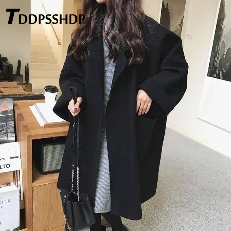 Модное свободное шерстяное весеннее пальто большого размера длинное стильное