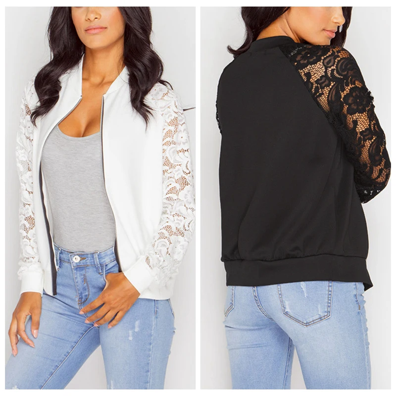 

Bigsweety Women Jackets And Coats Spring Autumn Long Lace Sleeve Casual Basic Jacket Female Outwear Zipper Fashion Slim Tops
