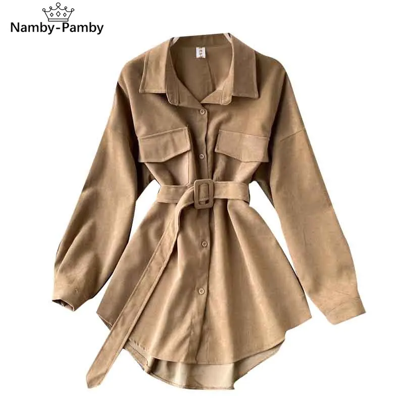 

Women 2021 Autumn Winter Shirts Retro Cargo Style Pockets Long-Sleeved Shirt Puff Sleeve Bandage Nipped Waist Tops Female PL438