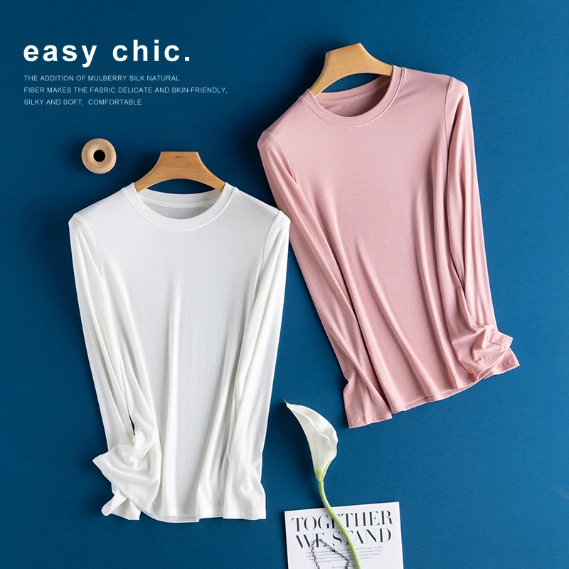 

Silky Series 2021 Women Fine Ribbing Base Long Sleeve T-Shirt 10% Silk Blends Slim Bottom Shirt Easy Care Viscose Tee Soie Wear