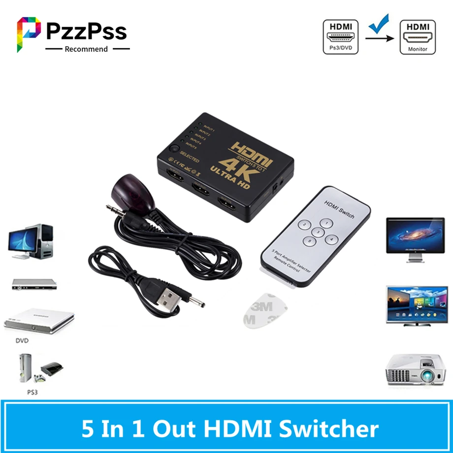 

PzzPss 4K HDMI Switch 5 In 1 Out 3D 1080p 4k Selector Splitter Hub with IR Remote Controller for HDTV DVD BOX HDMI Switcher