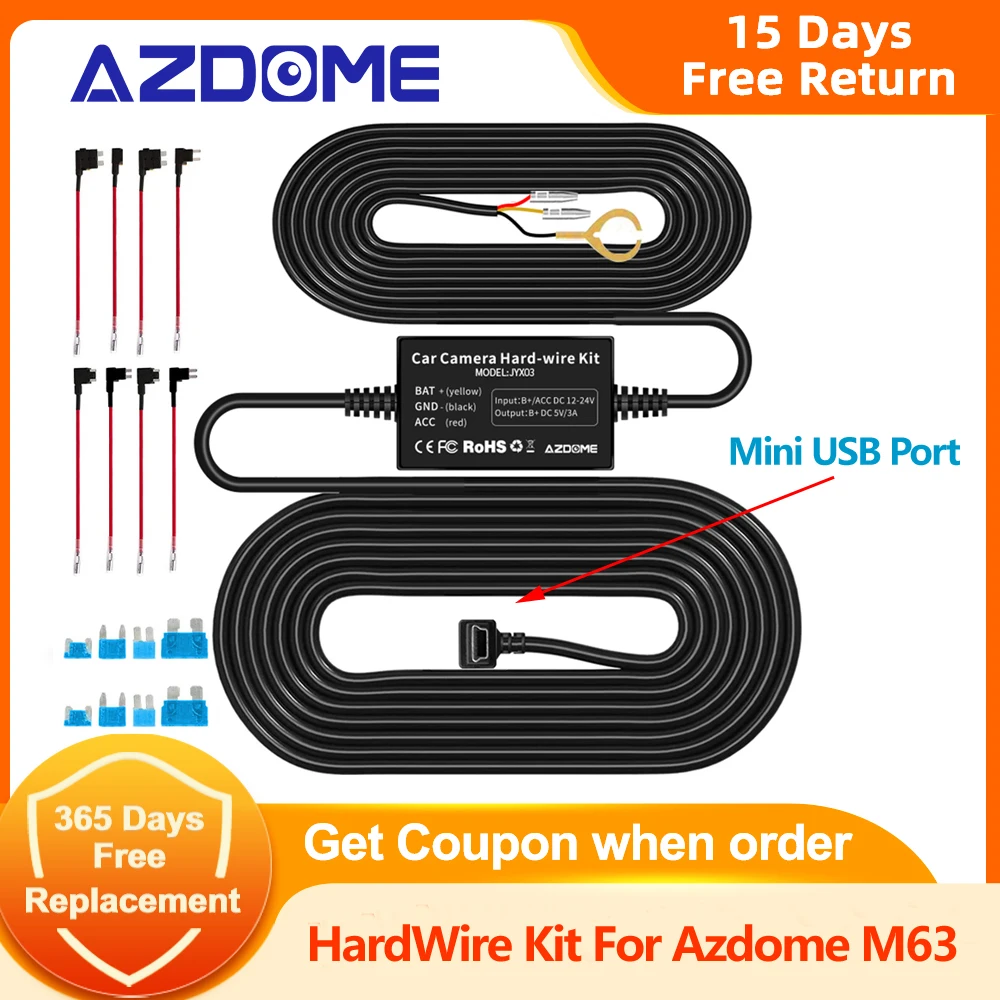 Azdome Car Recorder HardWire Kit для M63 низкая защита Vol Mini USB порт 12В-24В 5V3A Out JYX03 | Автомобили и