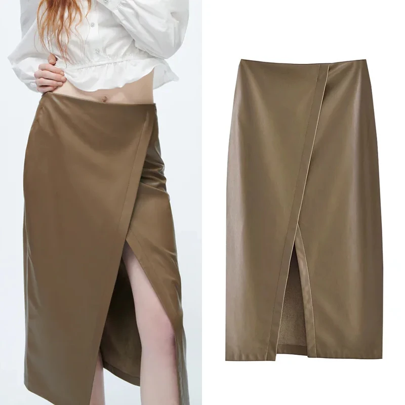 

Za Faux Leather Pencil Skirt Women High Waist Midi Skirt Woman Vintage Elegant Long Skirts Autumn 2021 Fashion Slit Skirt