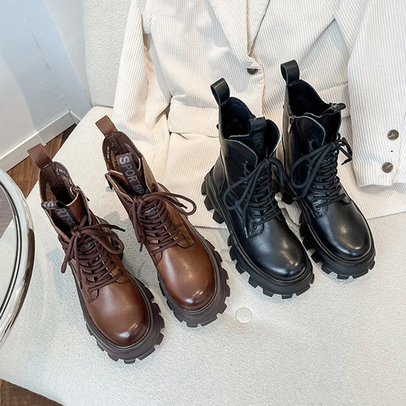 Round Toe Thick Sole Martin Boots New British Style Ins Leather Rough Heel Women Shoes Autumn Winter Lace-up Motorcycle Booties