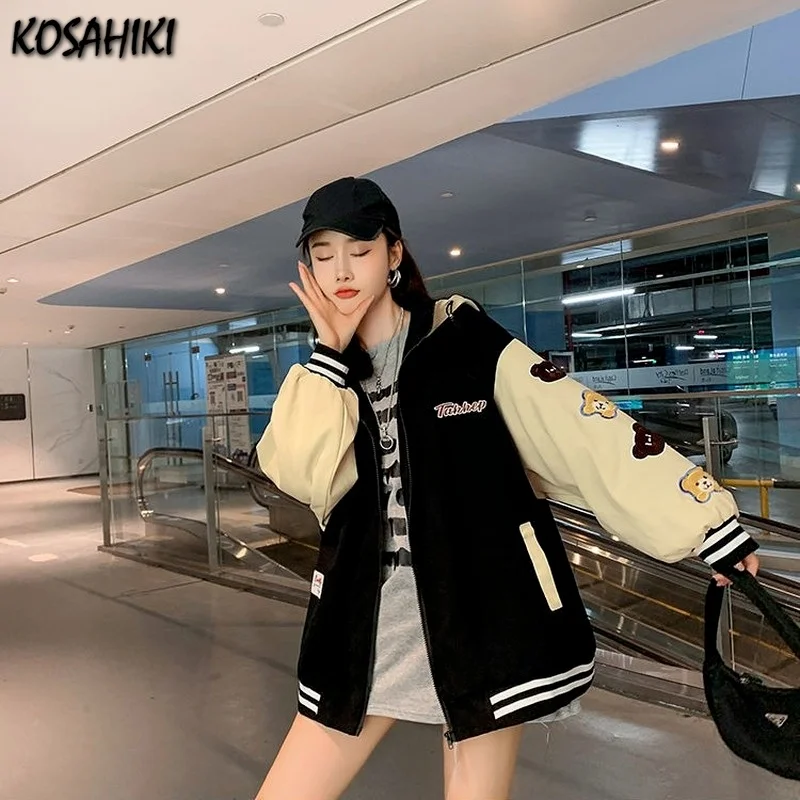 

KOSAHIKI Basic Jackets Women Cartoon Bear Korean Style 2021 Patchwork Casual Basic Preppy All-match Students Girls Kawaii Coat