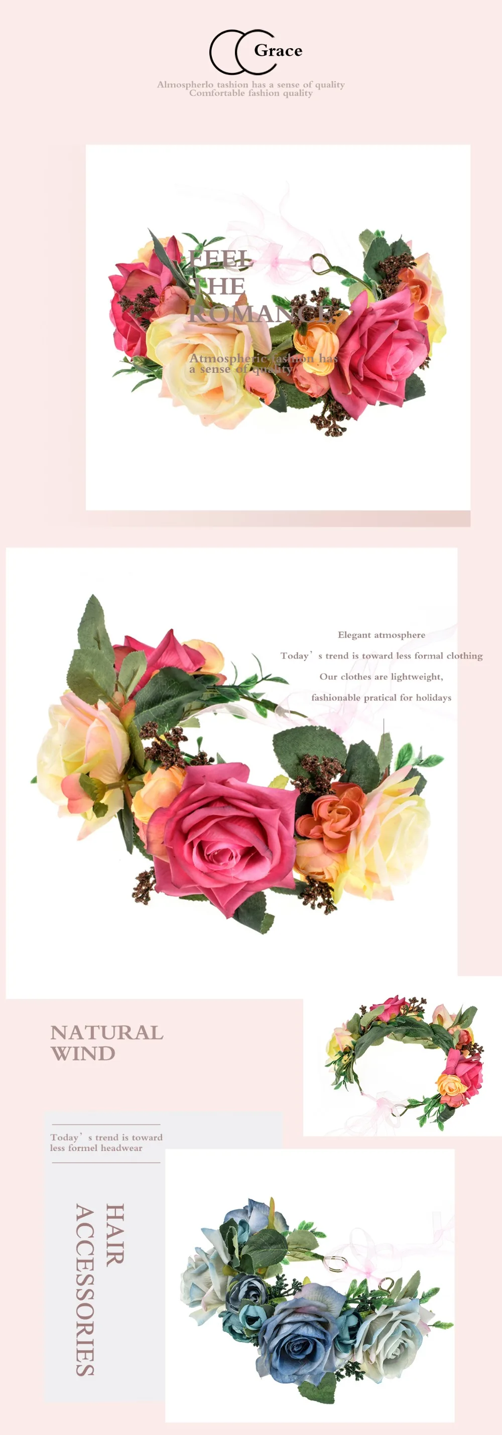 Molans New Stimulated Big Rose Wreath Braide Tiaras Hair Accessories Hawaiian Holiday Flower Corwn Women Wedding Floral Garlands