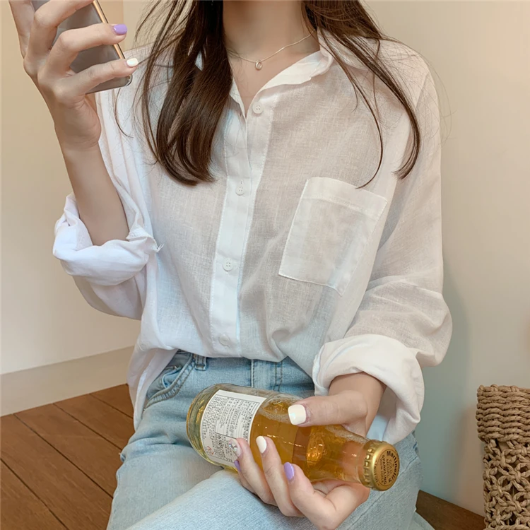 Блузка женская однобортная с карманами Повседневная модная свободная