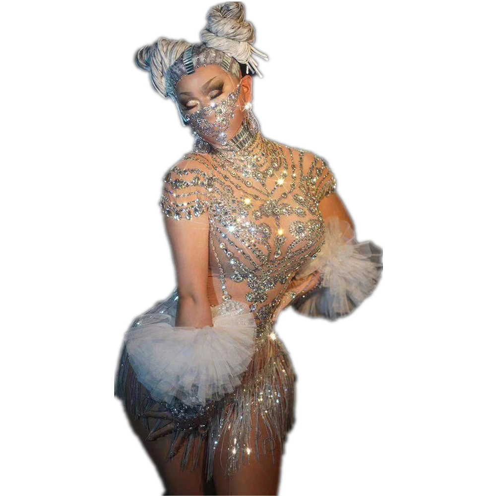 

Shining Silver Rhinestones Tassel Transparent Bodysuits Nightclub Women Singer Party Costumes Dance Show Stage Wear Gloves