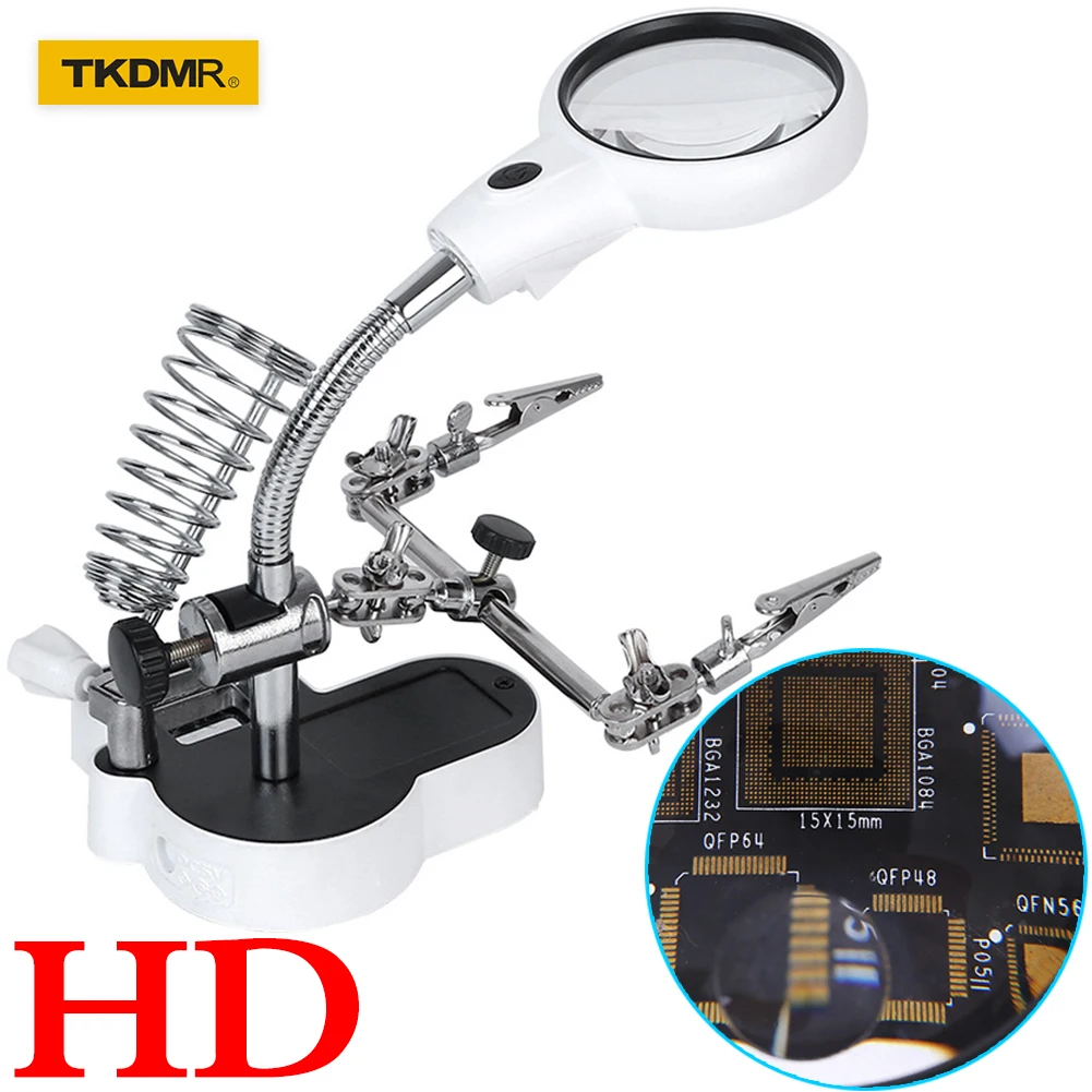 TKDMR Welding Magnifying Glass with LED Light 3.5X-12X Lens Auxiliary Clip Loupe Desktop Magnifier Third Hand Soldering Repair