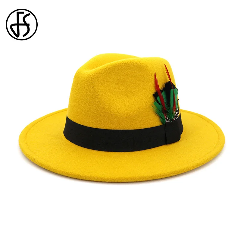 Фетровая шляпа FS 2020 летняя шерстяная зеленого и желтого цвета с широкими полями
