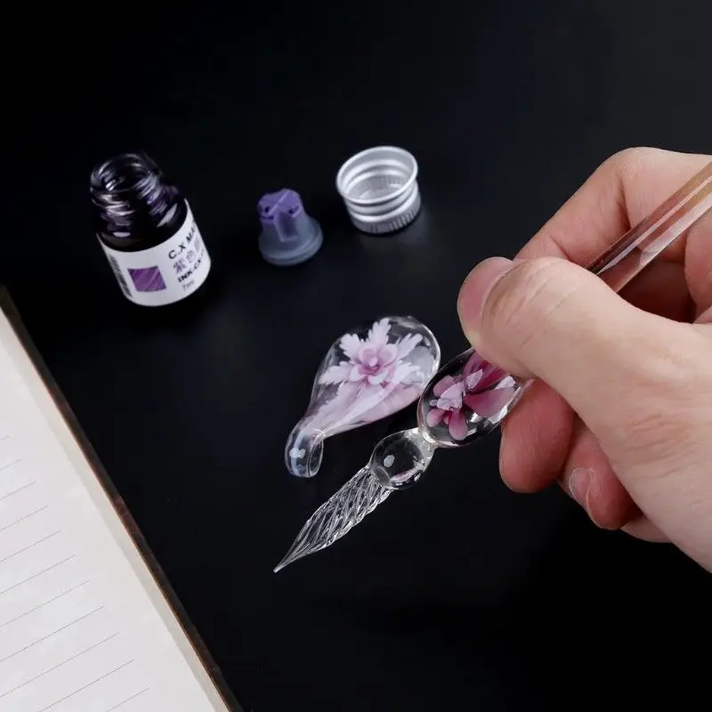 

New Glass Calligraphy Pen Crystal Glass Dip Ink Pen Set Non-Carbon Ink Signature Pens Writing Tools DOM668