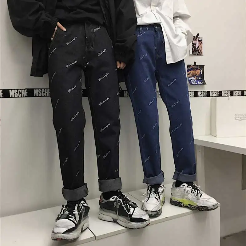 Корея Harajuku мужские джинсы осенние ретро уличные Джокер Свободные прямые