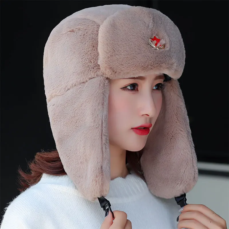 Зимняя шапка MS теплая унисекс авиатора из кроличьего меха с пятиконечной звездой