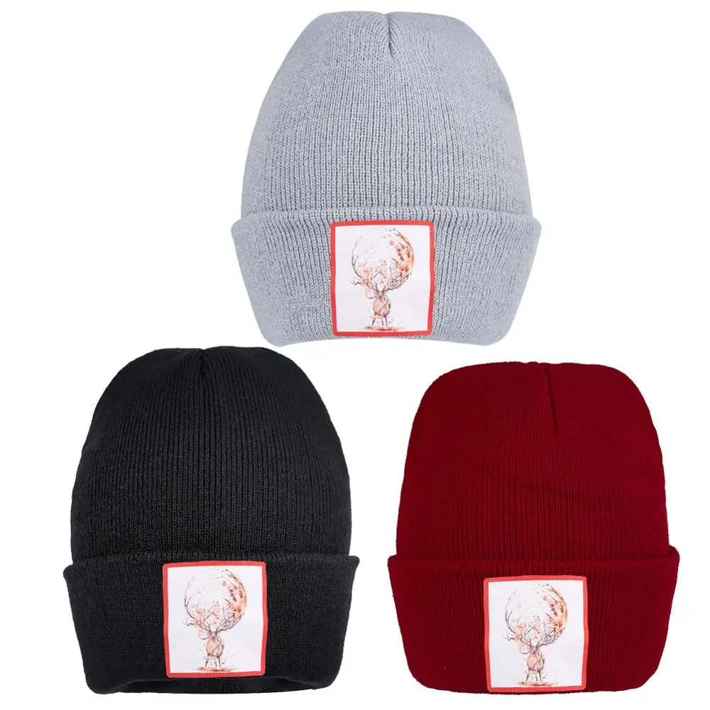 Черная Шапка бини с логотипом лося ребристый трикотажный головной убор Хип хоп