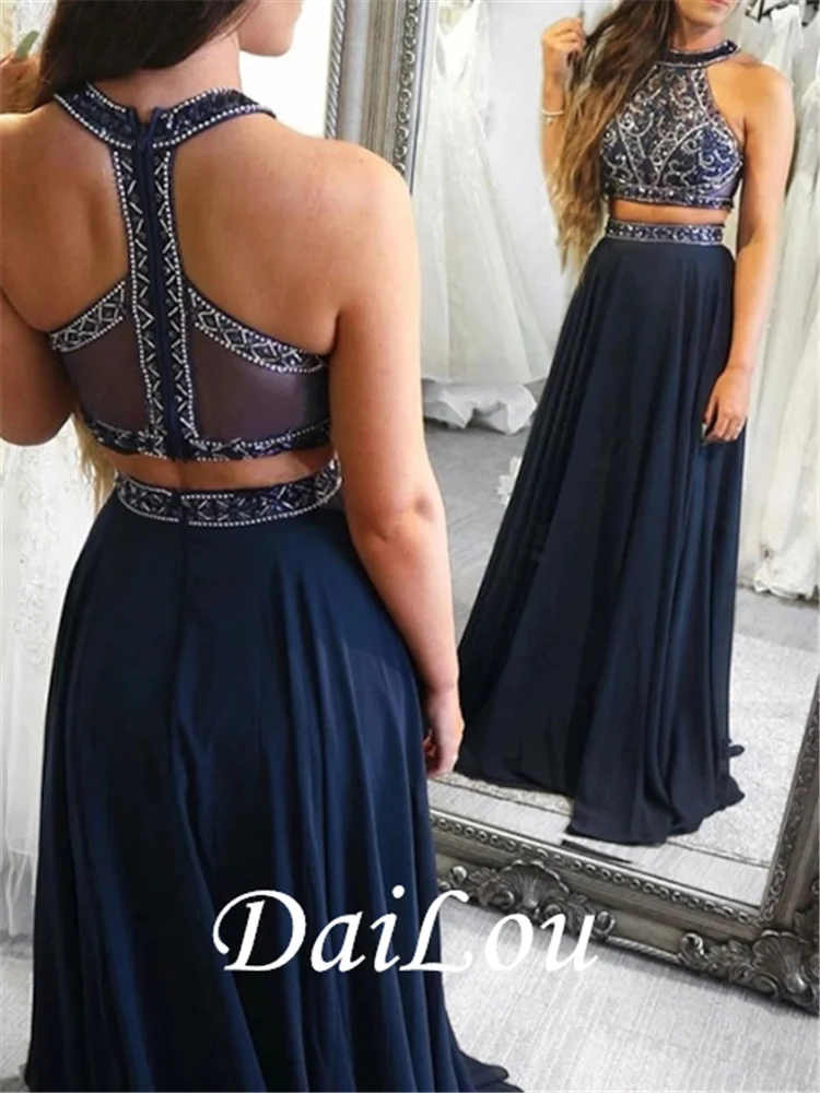 

A-Line Sleeveless Halter Chiffon Beading Floor-LengthZipper-Up Prom Dress 2021